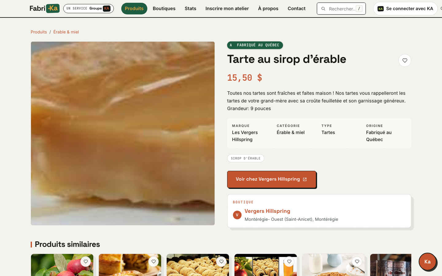 Étape 3 — fiche produit : tarte au sirop d'érable, bouton vers la boutique d'origine